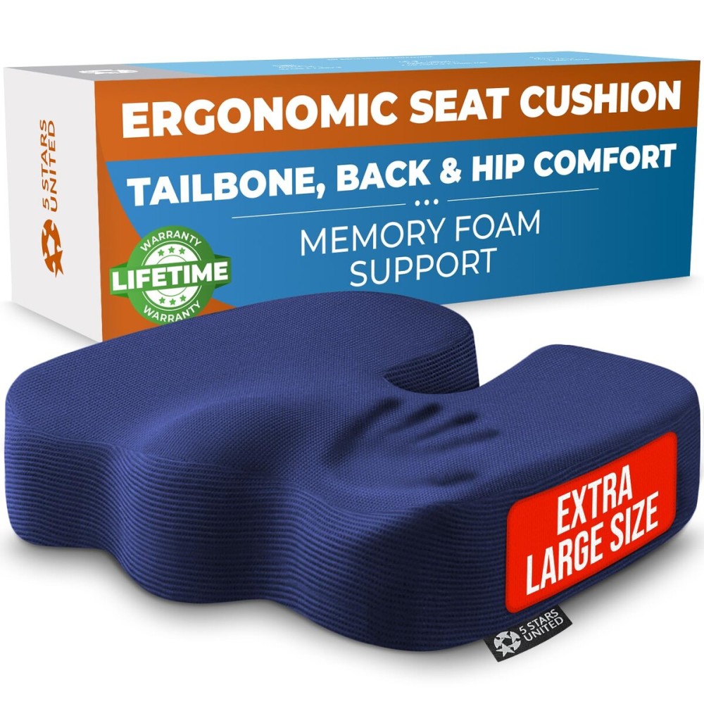 5 STARS UNITED Seat Cushion for Tailbone Pain Relief - Large Memory Foam Cushion for Coccyx, Hip, Sciatica & Post-Surgery Recovery - Wheelchair, Car, Desk, Gaming & Office Chairs, Blue