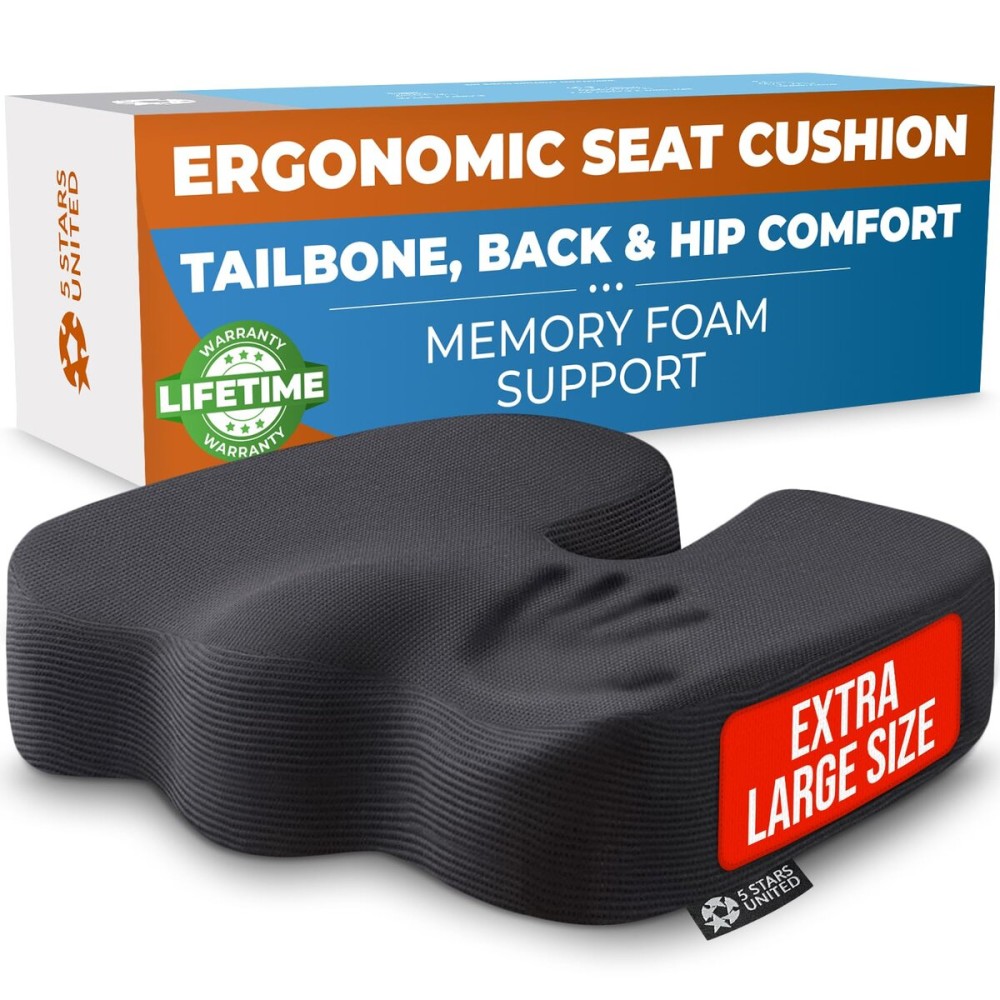 5 STARS UNITED Seat Cushion for Tailbone Pain Relief - Large Memory Foam Cushion for Coccyx, Hip, Sciatica & Post-Surgery Recovery - Wheelchair, Car, Desk, Gaming & Office Chairs, Black
