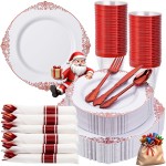 Nervure 350PCS Red Plastic Plates - White Red Plastic Dinnerware Set for 50 Guests - 100 Red Disposable Plates, 50 Pre Rolled Cutlery Set, 50 Cups Perfect for Wedding, Party & Christmas
