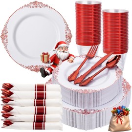 Nervure 350PCS Red Plastic Plates - White Red Plastic Dinnerware Set for 50 Guests - 100 Red Disposable Plates, 50 Pre Rolled Cutlery Set, 50 Cups Perfect for Wedding, Party & Christmas