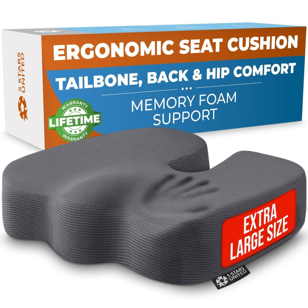5 STARS UNITED Seat Cushion for Tailbone Pain Relief - Large Memory Foam Lifting Pillow for Coccyx, Hip, Sciatica & Post-Surgery Recovery - Wheelchair, Car, Desk, Gaming & Office Chairs, Dark Gray