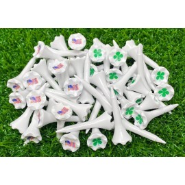 NorthPointe 1  Plastic Golf Tees - Short Tees for Irons, Par Threes, Hybrids, and Driving Range - Pack of 50 or 100 Bulk in High Visibility White Durable Plastic (50, Combo Shamrock & Flag, 1 1/2)