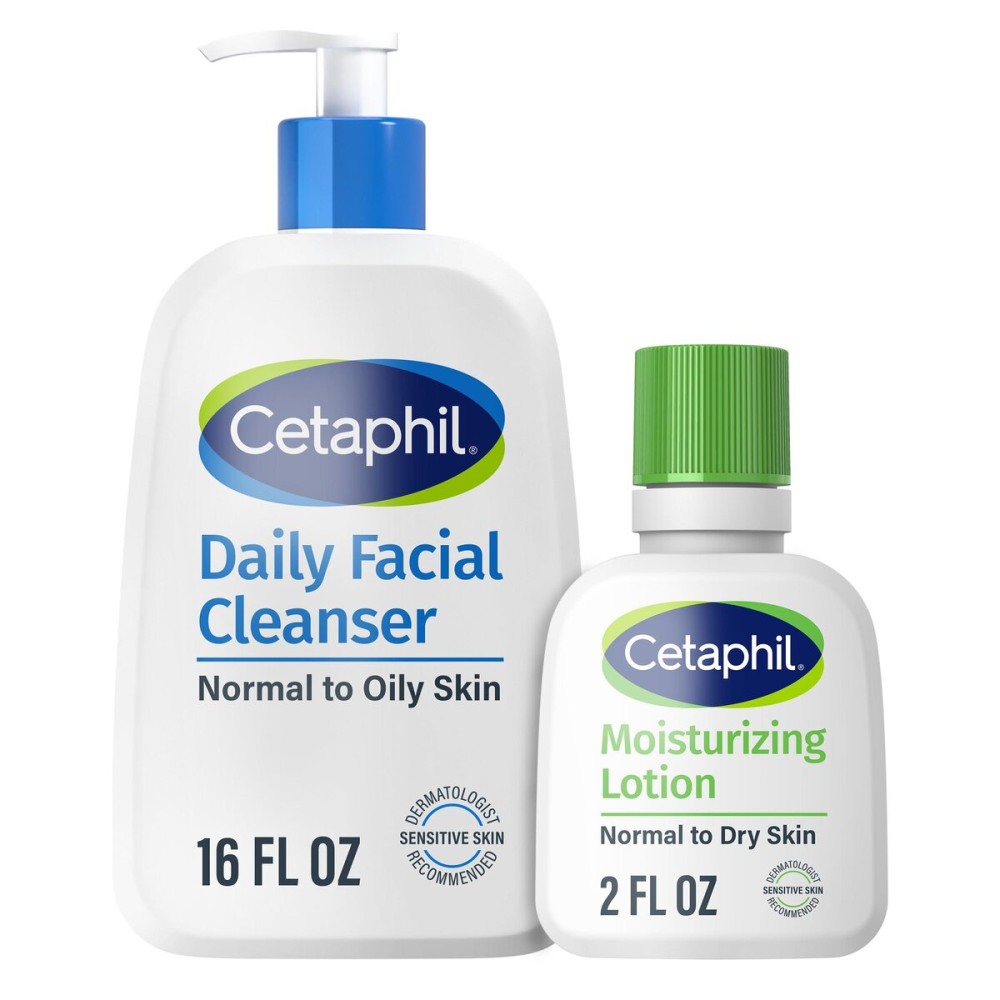 Cetaphil Daily Facial Cleanser Lotion for Combination to Oily, Sensitive Skin, 16 oz + Travel Size Moisturizing Lotion 2 oz