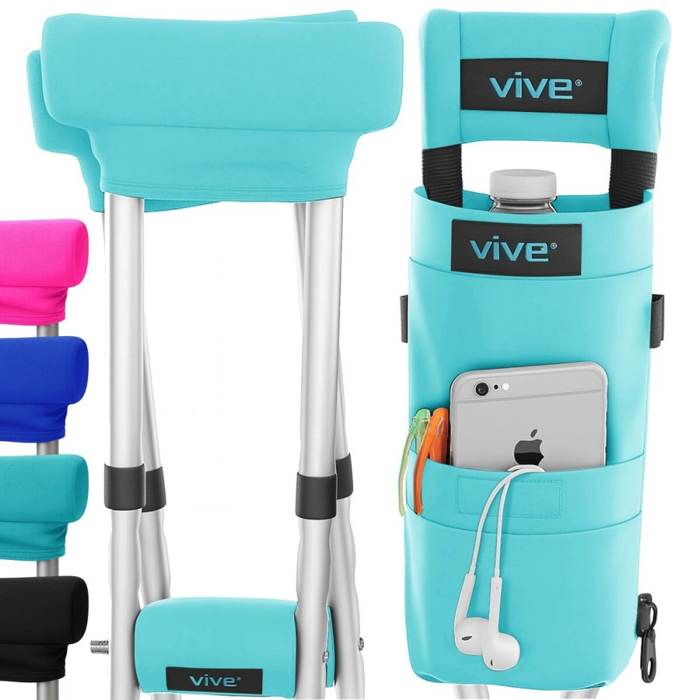 Vive Crutch Pads, Bag, & Hand Grips (5 PCS) - Crutches for Adults Armpit Padding, Hand Grips, Accessories Pouch - Soft Tips Medical Padded Handles for Kids, Men, Women - Lightweight (Teal)