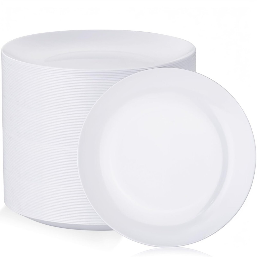 Nervure 100Pcs White Plastic Plates - 10.25inch Disposable White Dinner Plates - Heavy Duty Plastic Plate Ideal for Wedding & Party