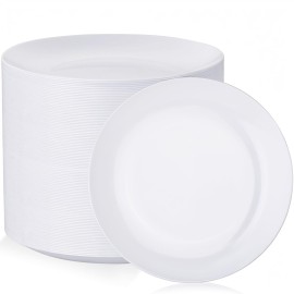 Nervure 100Pcs White Plastic Plates - 10.25inch Disposable White Dinner Plates - Heavy Duty Plastic Plate Ideal for Wedding & Party