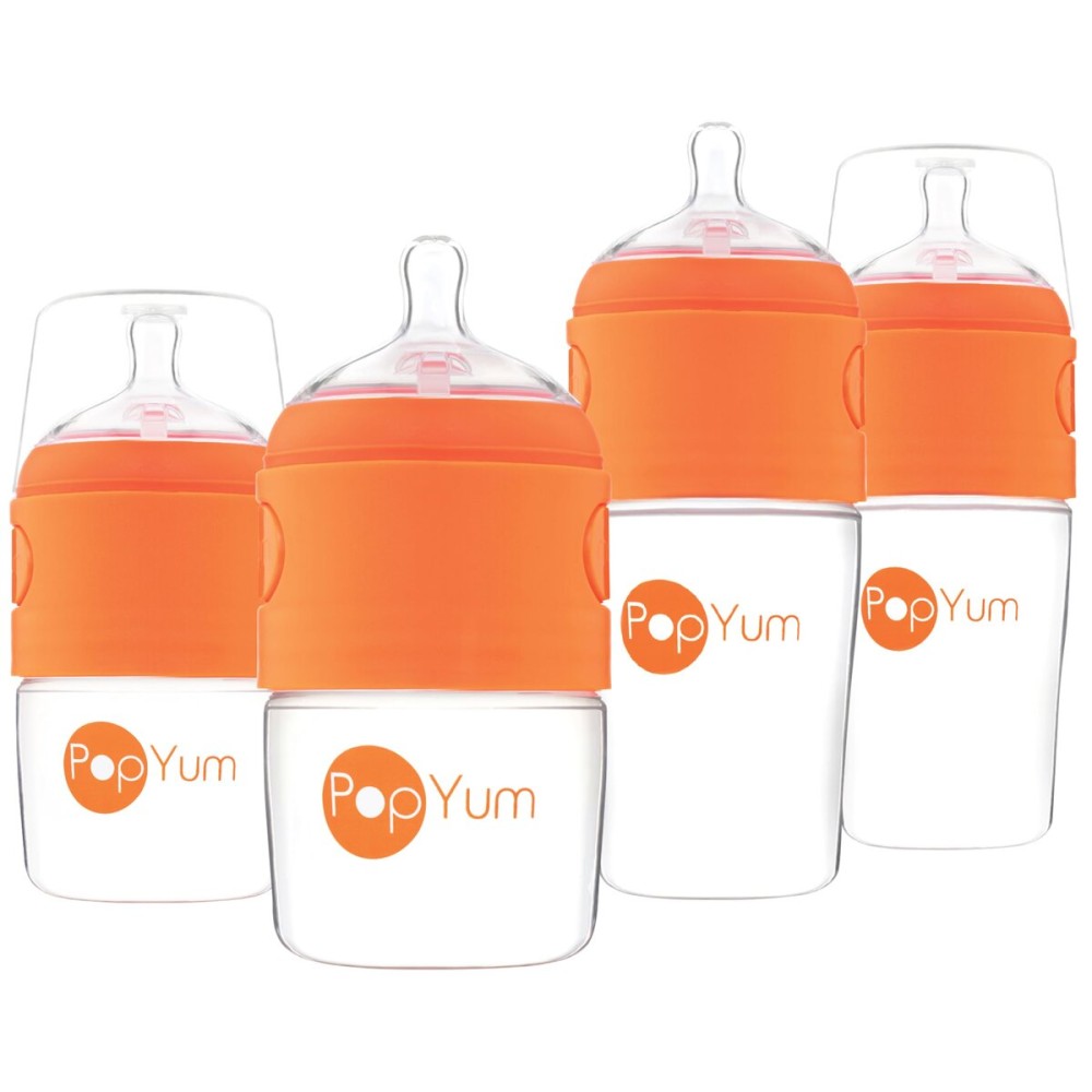 PopYum Orange Formula Making Baby Bottle Starter Set, 4-Pack, 2X 5oz Bottles with 1 Slow Flow Nipples + 2X 9oz Bottles with 2 Medium Flow Nipples