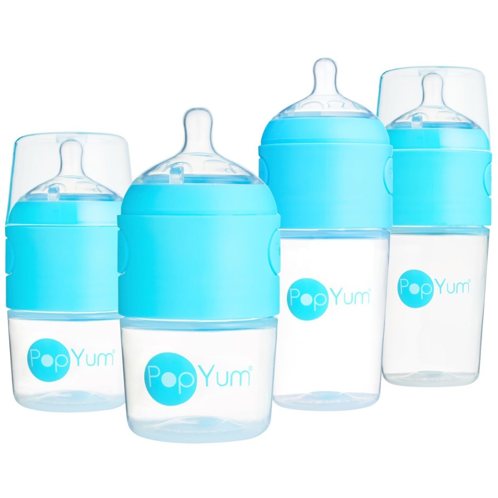 PopYum Blue Formula Making Baby Bottle Starter Set, 4-Pack, 2X 5oz Bottles with 1 Slow Flow Nipples + 2X 9oz Bottles with 2 Medium Flow Nipples, Mixing, Dispenser