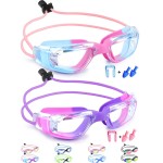Vvinca Goggles for Kids 6-14 with Bungee Strap 2pc, Toddler Goggles Kids Swim Goggles Kids Goggles for Swimming 8-12 Anti-Fog& Anti-UV, No-Leak No Hair Pulling for Girls Boy Pool Pink