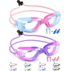 Vvinca Goggles for Kids 6-14 with Bungee Strap 2pc, Toddler Goggles Kids Swim Goggles Kids Goggles for Swimming 8-12 Anti-Fog& Anti-UV, No-Leak No Hair Pulling for Girls Boy Pool Pink