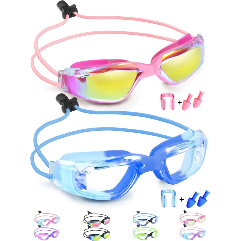 Vvinca Goggles for Kids 6-14 with Bungee Strap 2pc, Toddler Kids Swim Goggles for Swimming 8-12 No Hair Pulling for Boys Girl