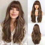 HAIRCUBE Long Brown with Blonde Highlight Wig with Bangs 22 inch Layered Curly Wigs for Women Natural Synthetic Wigs for Daily Use (wig cap:22-24 inch)