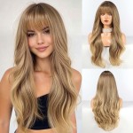 HAIRCUBE Long Blonde Mixed Brown Wig with Bangs Layered Curly Wigs for Women Natural Synthetic Wigs for Daily Use (pelucas de cabello natural)