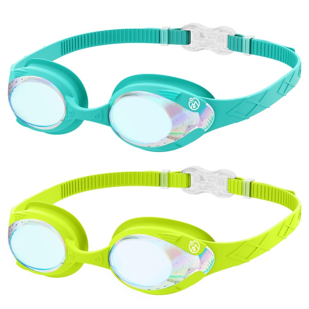 OutdoorMaster Kids Swim Goggles 2 Pack - Quick Adjustable Strap Swimming Goggles for Kids, Green Cyan