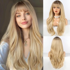 HAIRCUBE Long Blonde Wig with Bangs Layered Curly Wigs for Women Natural Synthetic Wigs for Daily Use (pelucas de cabello natural)