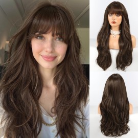 HAIRCUBE Long Dark Brown Wig with Bangs Layered Curly Wigs for Women Natural Synthetic Wigs for Daily Use (pelucas de cabello natural)