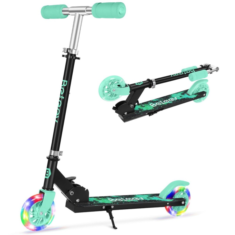 BELEEV V1 Scooters for Kids, 2 Wheel Folding Kick Scooter for Girls Boys, 3 Adjustable Height, Light Up Wheels, Lightweight Scooter with Sturdy Frame, Kickstand for Children 3 to 12 Years (Aqua Black)