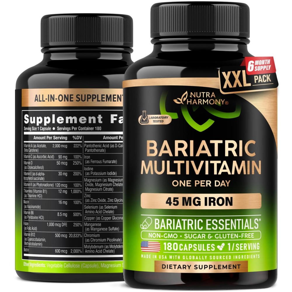 Bariatric Multivitamin - 45 mg Iron Supplements - Made in USA - for Women & Men - All-in-One, 21 Essential Vitamins - Gastric Sleeve Support - Free of Sugar, Gluten & Soy - 180 Capsules, Once Daily