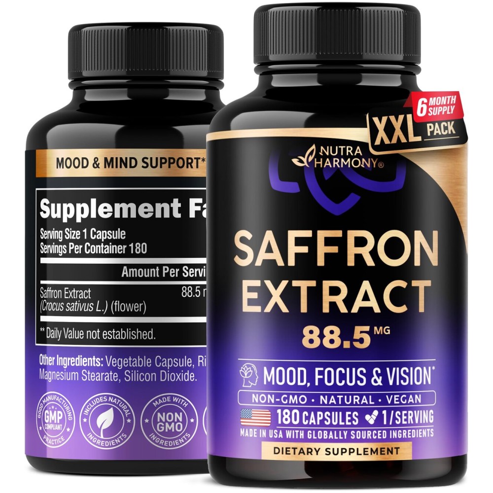Natural Saffron Supplements - Pure Saffron Extract 88.5 mg - Made in USA - Mood | Focus | Vision | Energy Support - Eye Health for Women & Men - NonGMO Vegan Pills - 180 Powder Capsules