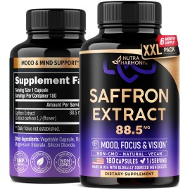 Natural Saffron Supplements - Pure Saffron Extract 88.5 mg - Made in USA - Mood | Focus | Vision | Energy Support - Eye Health for Women & Men - NonGMO Vegan Pills - 180 Powder Capsules