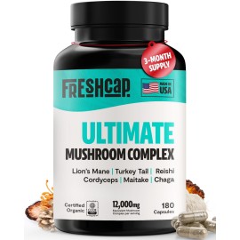 FreshCap Ultimate Mushroom Supplement 12,000mg - Nootropic Complex Capsules, Organic Mushrooms Immune Support, Brain Supplements for Memory and Focus, Ayurveda Nootropic (180 Capsules)