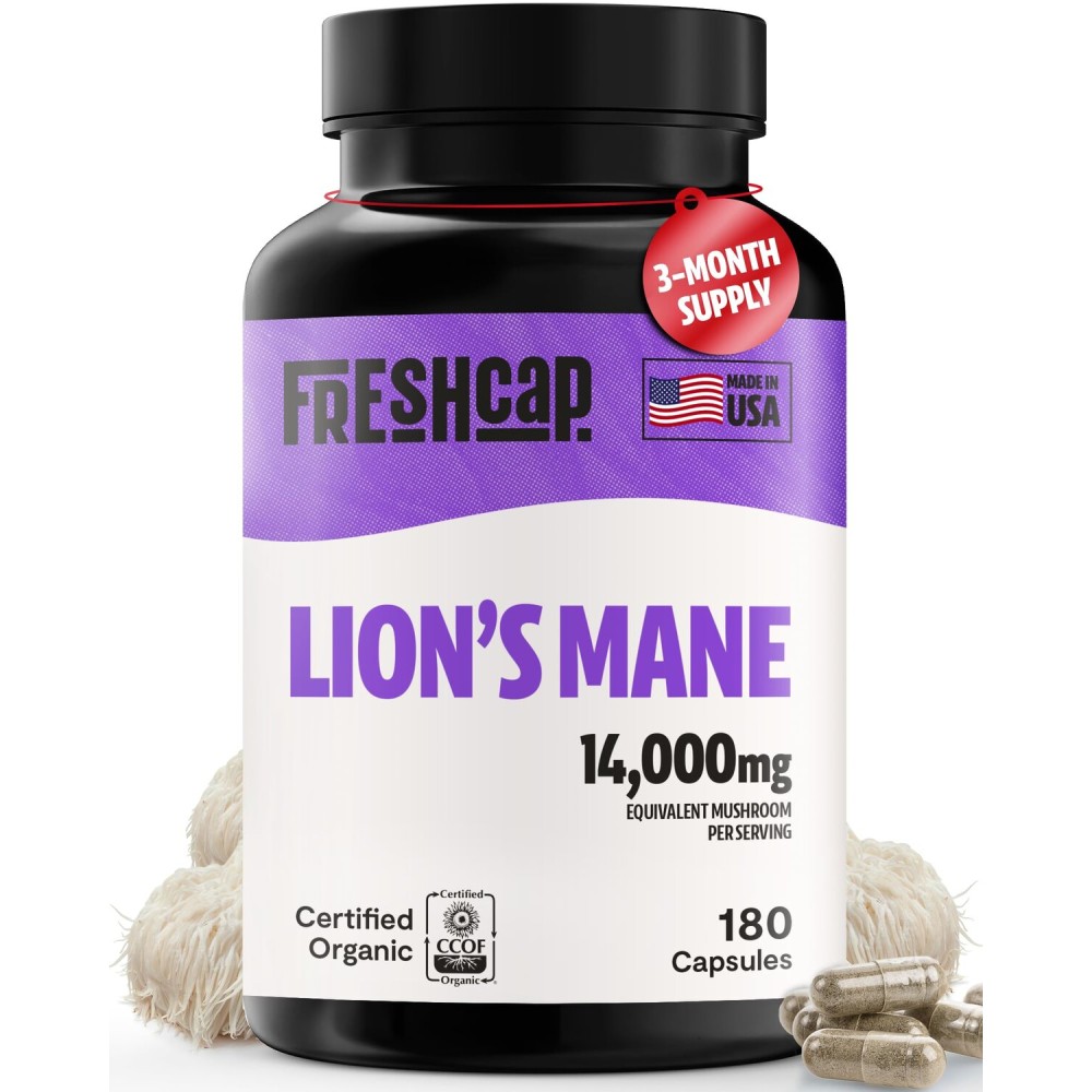 FreshCap Lions Mane Supplement Capsules 14,000mg - Lion\'s Mane Mushroom 14:1 Extract for Brain Support, Premium Ayurveda Organic LionsMane Mushroom for Memory, Focus & Clarity (180 Capsules)