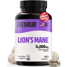 FreshCap Lions Mane Supplement Capsules 14,000mg - Lion\'s Mane Mushroom 14:1 Extract for Brain Support, Premium Ayurveda Organic LionsMane Mushroom for Memory, Focus & Clarity (180 Capsules)