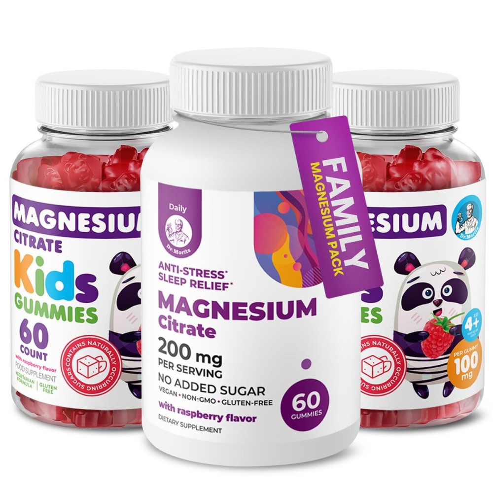 DR. MORITZ Calm Magnesium Gummies for Adults (200mg, 60 Count) and Kids Magnesium Gummies (60 Count, 2 Pack) - for Relaxation Support - Sugar-Free & Non-GMO - Raspberry Flavor