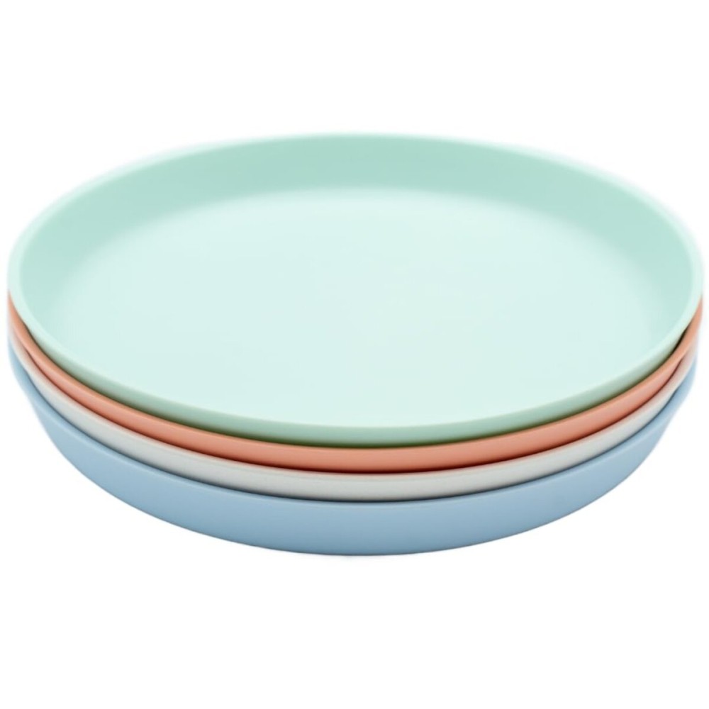 WeeSprout Bamboo Plates, Set of 4, Kid-Sized Dinnerware, Dishwasher Safe Melamine Dishware (Pastel Coral, Blue, Mint & Off White, Without Lids)