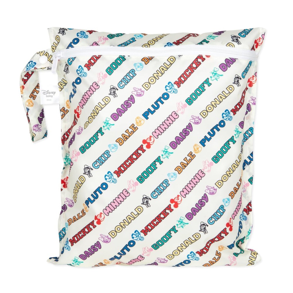 Bumkins Disney Waterproof Wet Bag for Baby, Travel, Swim Suit, Cloth Diaper, Pump Parts, Pool, Beach, Gym Clothes, Toiletry, Hook to Stroller, Daycare, Zipper Reusable Wetdry, Mickey and Friends White