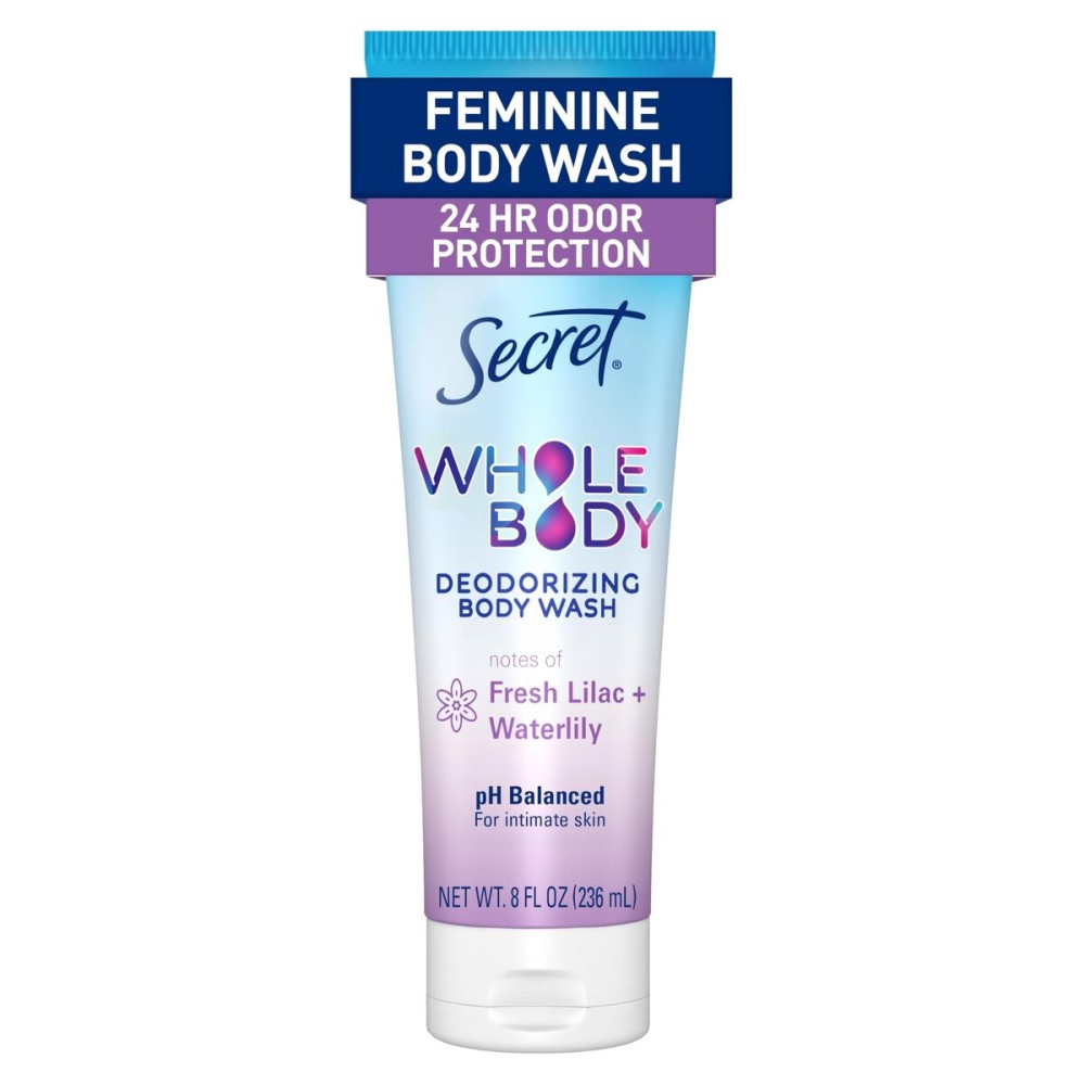 Secret Feminine Wash, 24 HR Deodorizing Feminine Body Wash for Women, Removes 6x Causes of Odor, PH Balanced, Safe to Use Everywhere, Lilac & Waterlily Scent, 8.0 oz