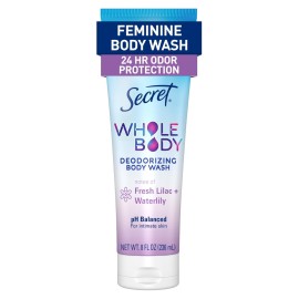 Secret Feminine Wash, 24 HR Deodorizing Feminine Body Wash for Women, Removes 6x Causes of Odor, PH Balanced, Safe to Use Everywhere, Lilac & Waterlily Scent, 8.0 oz