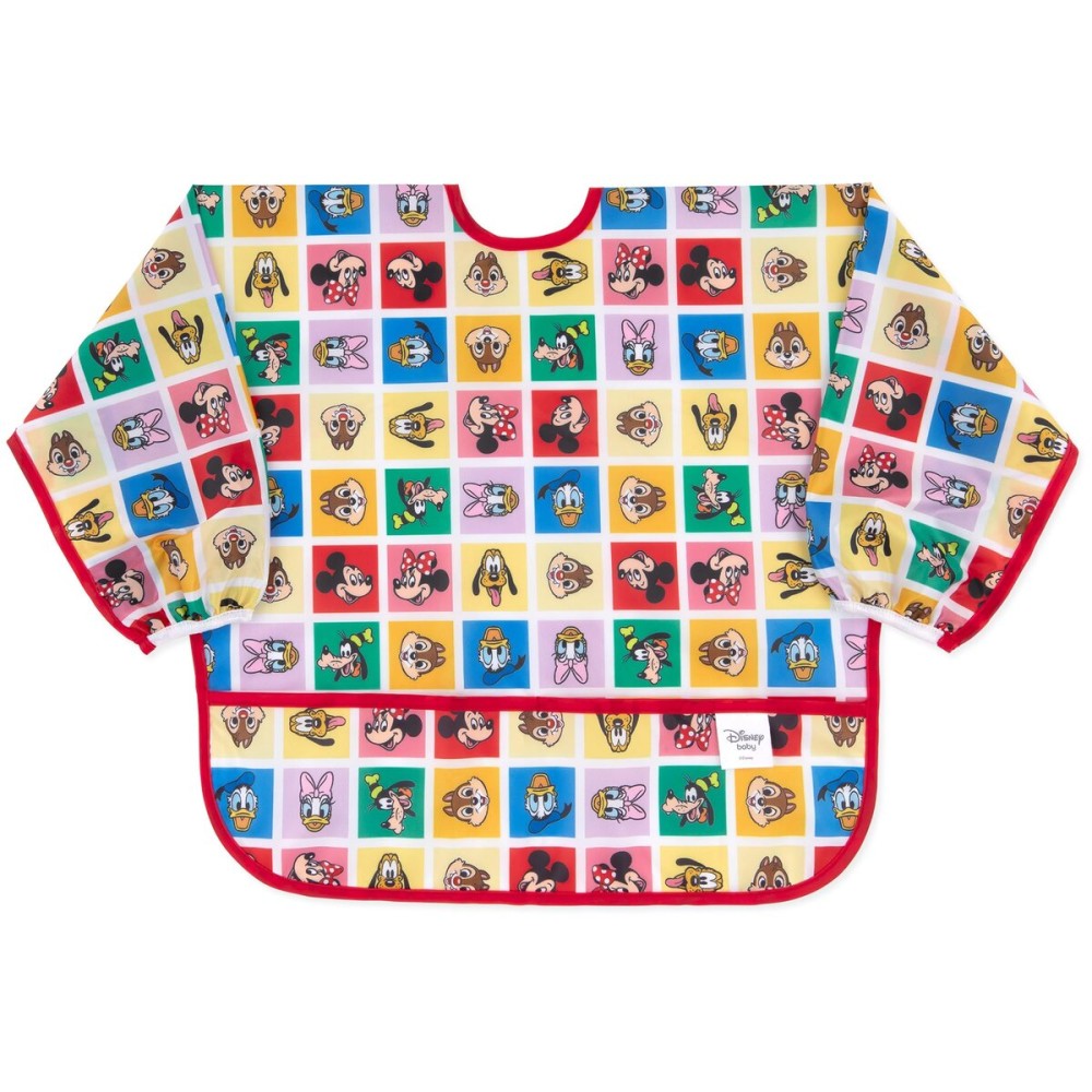 Bumkins Disney Sleeved Bib for Girl or Boy, Baby and Toddler for 6-24 Mos, Essential Must Have for Eating, Feeding, Baby Led Weaning Supplies, Long Sleeve Mess Saving, Mickey and Friends Check Mates