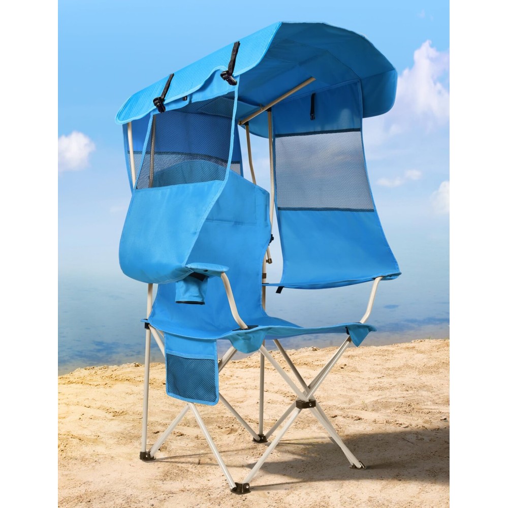 Docusvect Beach Chair with Canopy Shade, Folding Camping Chair with Canopy with Cup Holder, Side Pocket for Camp, Beach, Tailgates, Fishing - Support 330 LBS