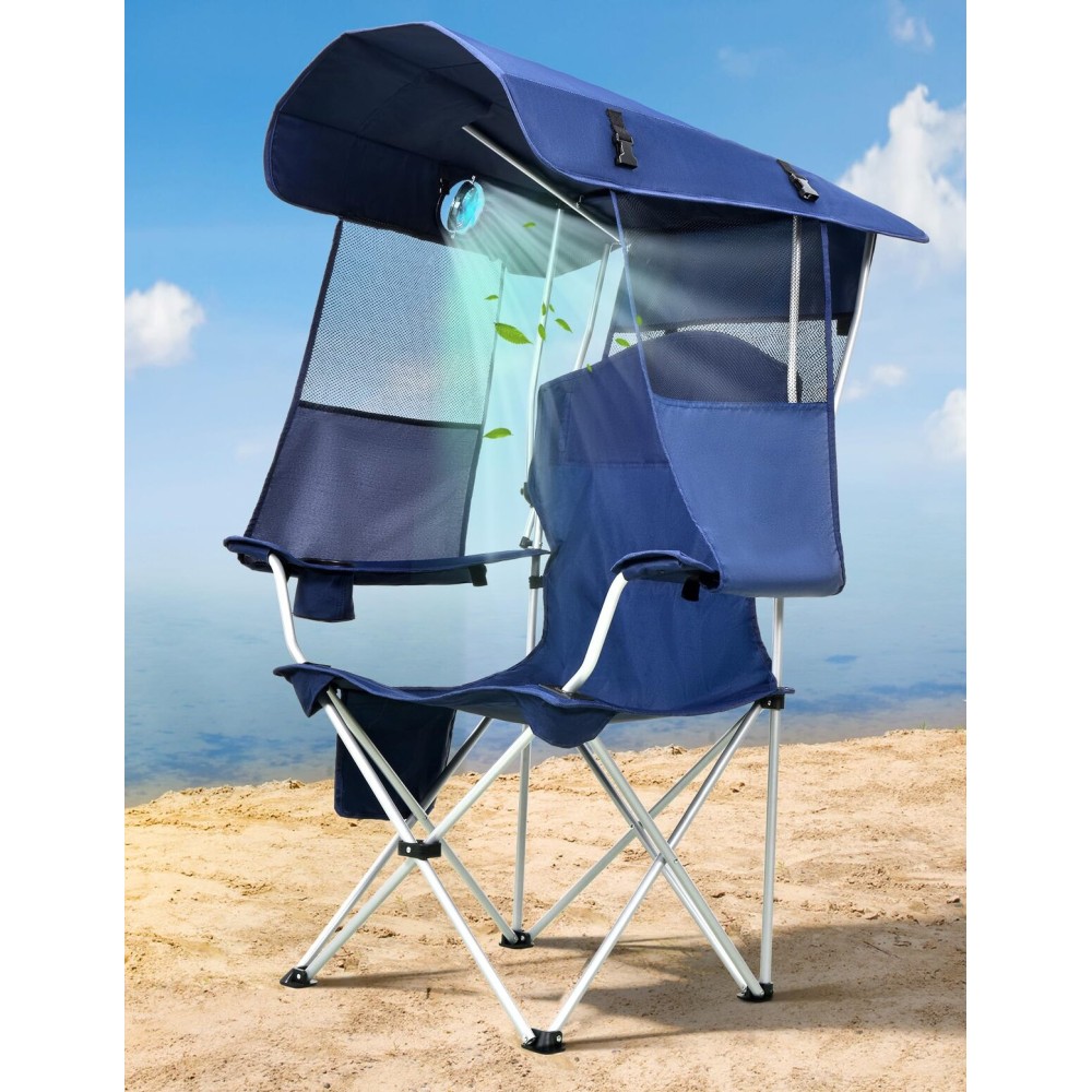 Docusvect Beach Chair with Canopy Shade and Fan - 360 Rotatable & 3-Speed Airflow, Camping Chair with Canopy and Powerful & Quiet Fan, Cup Holder, Side Pocket - Supports 330 LBS