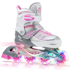 2PM SPORTS Cytia Pink Girls Adjustable Illuminating Inline Skates with Light up Wheels, Fun Flashing Beginner Roller Skates for Kids (Silver, Medium - Big Kid (13.5C-3 US))