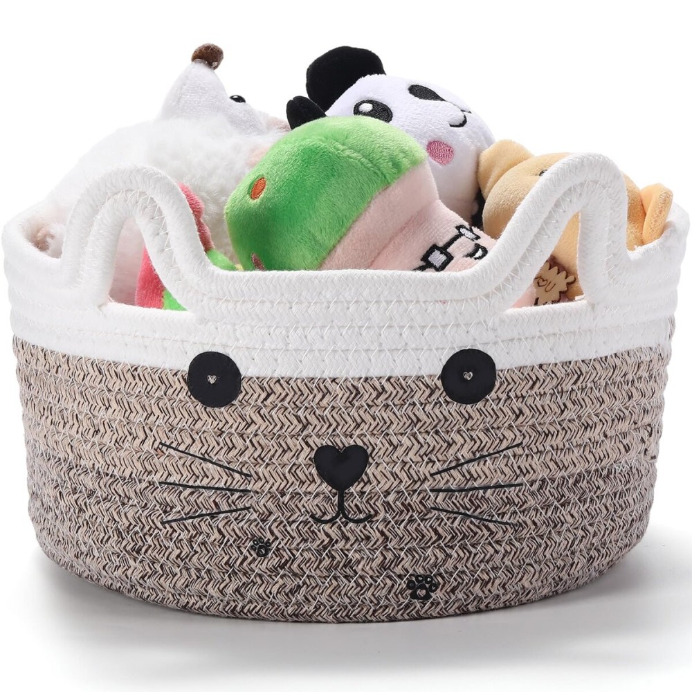 Zopeal Cat Basket Storage Woven Organizer with Ears Christmas Decorative Pet Toy Cute Cotton Rope Basket for Gift Cat Dog Toy Bin Nursery Room(8.3 x 4.7 Inch,Gradient Khaki)