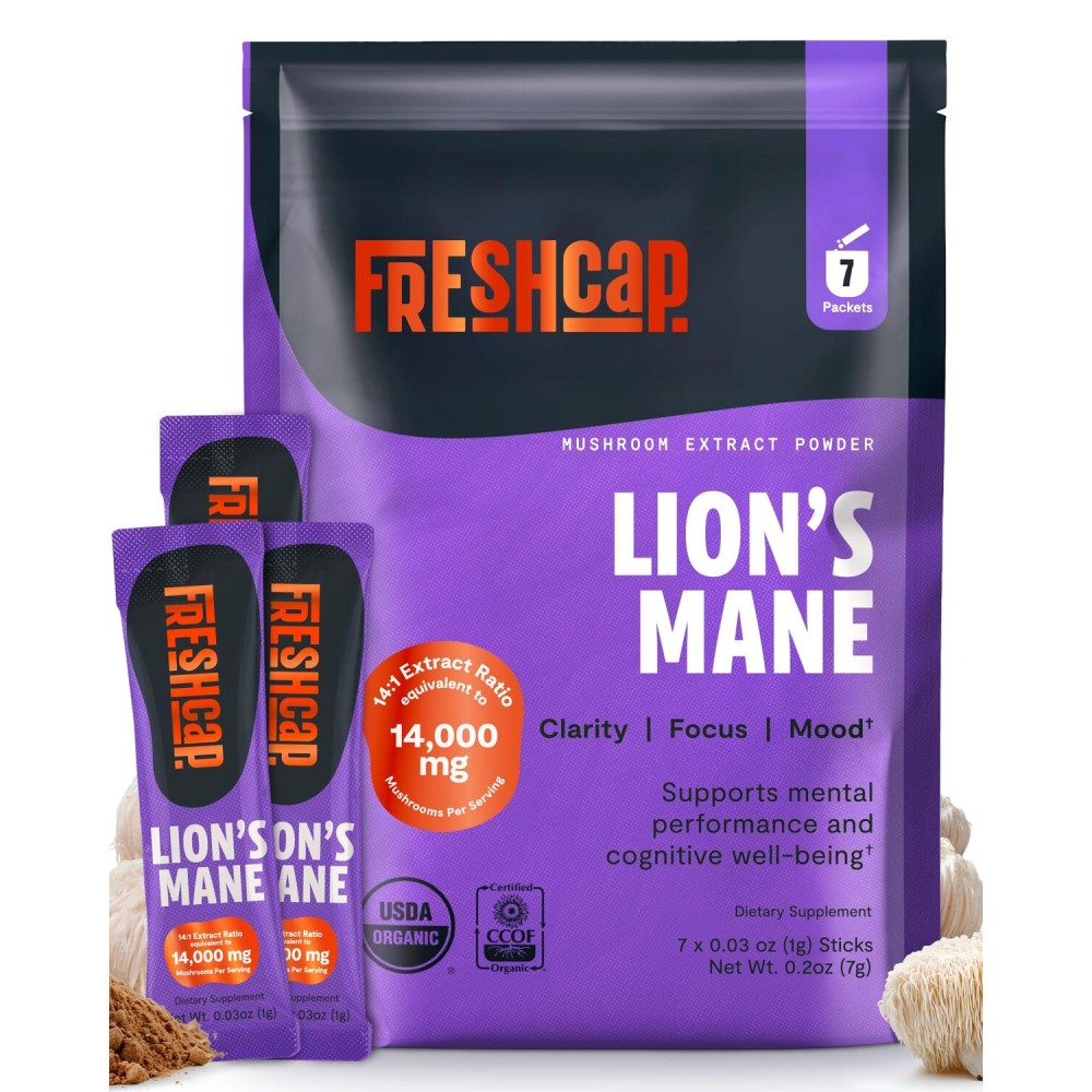 FreshCap Lions Mane Powder 14,000 mg - Lion\'s Mane Mushroom Powder, 31% Beta-Glucans Nootropic Lions Mane Extract High Potency 14:1 for Memory, Focus & Clarity - Brain & Cognitive Support (7 Sticks)