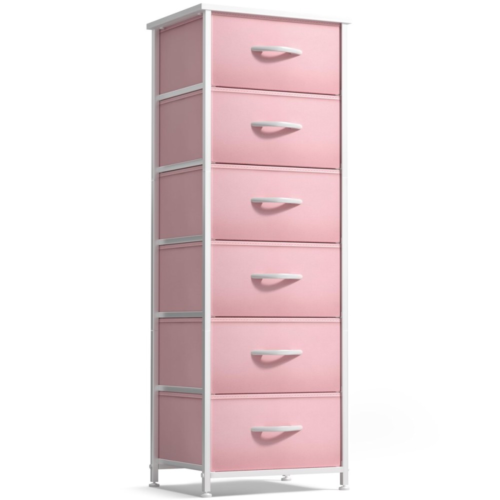 Sorbus Fabric Dresser for Kids Bedroom - Chest of 6 Drawers, Tall Storage Tower, Clothing Organizer, for Closet, for Playroom, for Nursery, Steel Frame, Fabric Bins - Wood Handle (Pink)