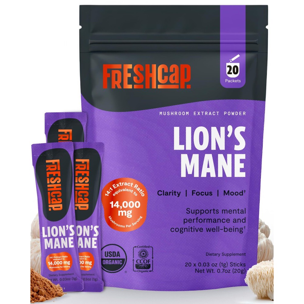 FreshCap Lions Mane Powder 14,000 mg - Lion\'s Mane Mushroom Powder, 31% Beta-Glucans Nootropic Lions Mane Extract High Potency 14:1 for Memory, Focus & Clarity - Brain & Cognitive Support (20 Sticks)