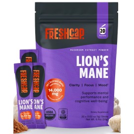 FreshCap Lions Mane Powder 14,000 mg - Lion\'s Mane Mushroom Powder, 31% Beta-Glucans Nootropic Lions Mane Extract High Potency 14:1 for Memory, Focus & Clarity - Brain & Cognitive Support (20 Sticks)