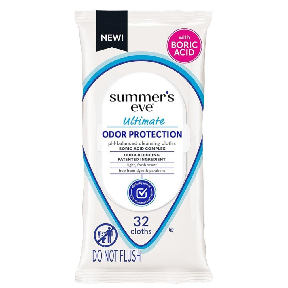Summer\'s Eve Ultimate Odor Protection Daily Feminine Wipes, Gentle pH-Balanced Formula with Boric Acid Cleanses & Removes Vaginal Odor, Resealable Pack, 32 Body Wipes