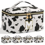 Meiyuuo Makeup Bag Large Cosmetic Bags for Women Girls Cute Travel Zipper Pouch Toiletry Organizer for Beauty Essentials Waterproof (Cow Print Initial Letter M)
