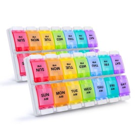 Sukuos AM PM Weekly Pill Organizer 2 Times A Day 2pcs, 7 Day Pill Box with Easy Push Button, BPA Free Medicine Case Vitamin Holder for Fish Oil/Supplements (Rainbow)