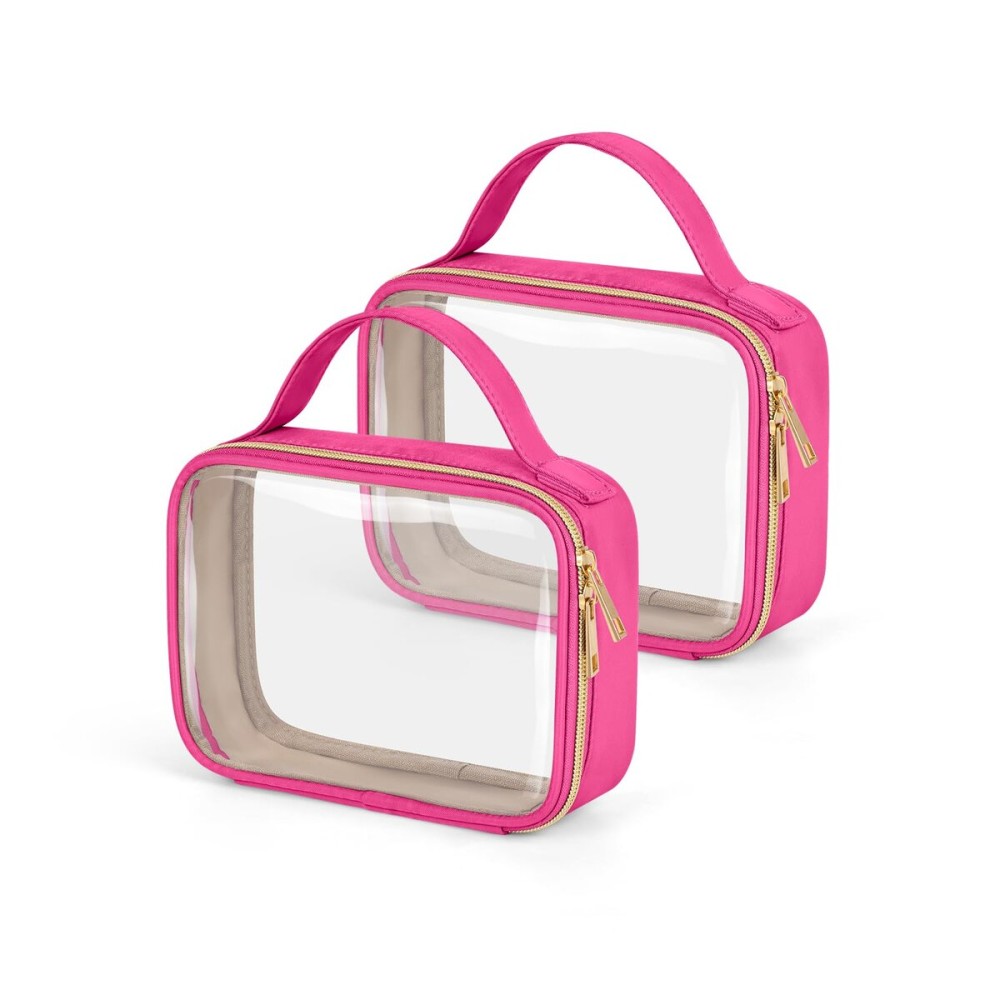 Wedama TSA Approved Toiletry Bag, 2 Pack Clear Makeup Bags with Handles, Quart Size PVC Clear Cosmetic Bags for Women and Men, Carry on Airport Airline Compliant Bag, Rose Red