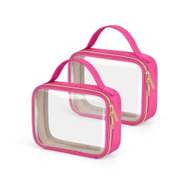 Wedama TSA Approved Toiletry Bag, 2 Pack Clear Makeup Bags with Handles, Quart Size PVC Clear Cosmetic Bags for Women and Men, Carry on Airport Airline Compliant Bag, Rose Red