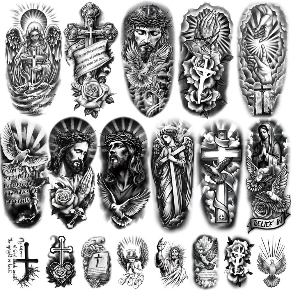 77 Sheets Christian Temporary Tattoo for Women Men, 17 Sheets Half Arm Religious Cross Jesus God Angels Fake Tattoos for Adult Arm Chest, 60 Sheets Christ Tiny Realistic Tattoos Stickers for Kids
