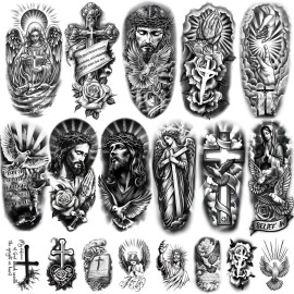 77 Sheets Christian Temporary Tattoo for Women Men, 17 Sheets Half Arm Religious Cross Jesus God Angels Fake Tattoos for Adult Arm Chest, 60 Sheets Christ Tiny Realistic Tattoos Stickers for Kids