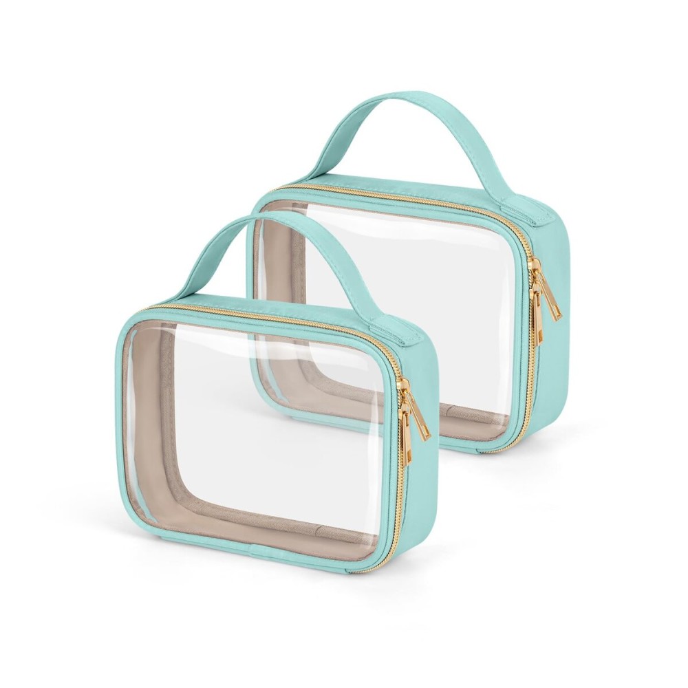 Wedama TSA Approved Toiletry Bag, 2 Pack Clear Makeup Bags with Handles, Quart Size PVC Clear Cosmetic Bags for Women and Men, Carry on Airport Airline Compliant Bag, Cyan Green