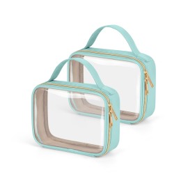 Wedama TSA Approved Toiletry Bag, 2 Pack Clear Makeup Bags with Handles, Quart Size PVC Clear Cosmetic Bags for Women and Men, Carry on Airport Airline Compliant Bag, Cyan Green
